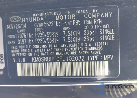 2015 Hyundai Santa Fe Gls из США, поврежденный, VIN KM8SNDHF0FU102082